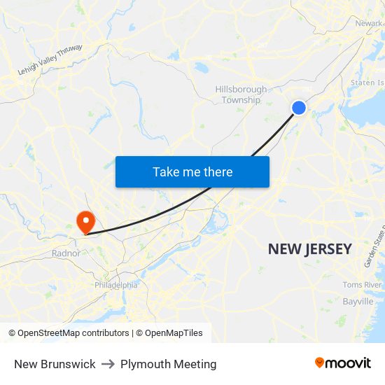 New Brunswick to Plymouth Meeting map