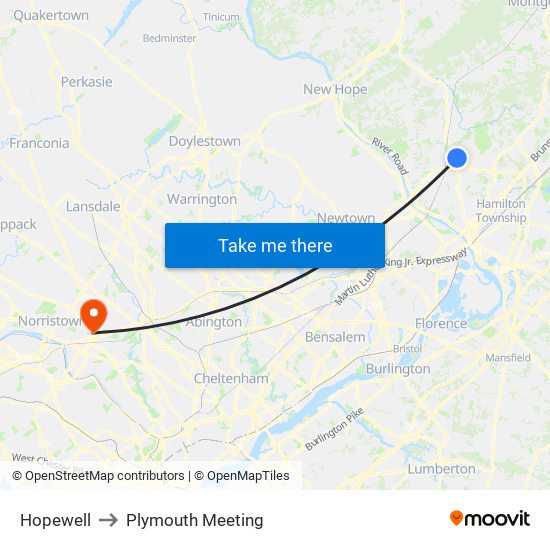 Hopewell to Plymouth Meeting map