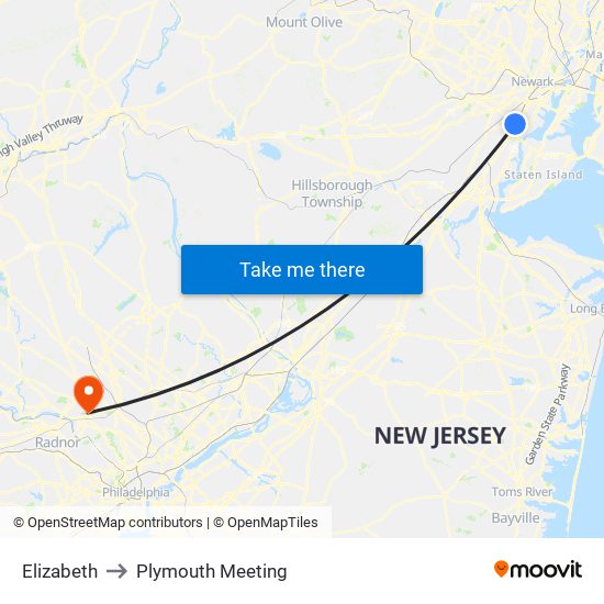 Elizabeth to Plymouth Meeting map