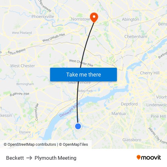 Beckett to Plymouth Meeting map