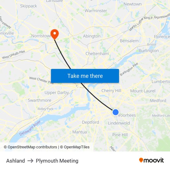 Ashland to Plymouth Meeting map