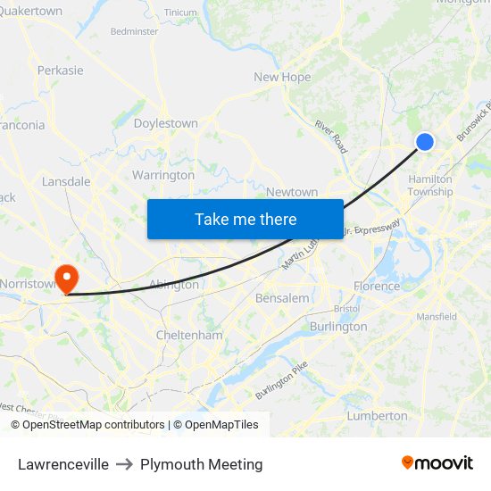Lawrenceville to Plymouth Meeting map