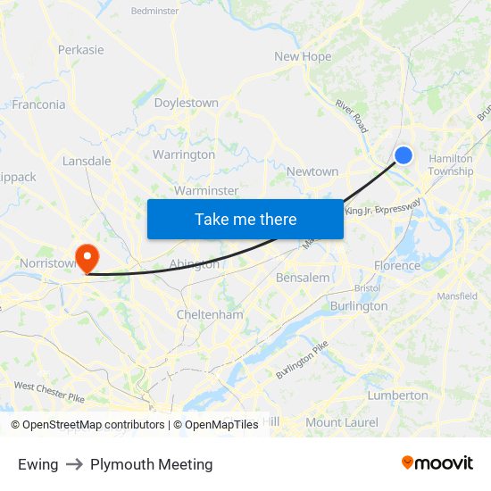 Ewing to Plymouth Meeting map
