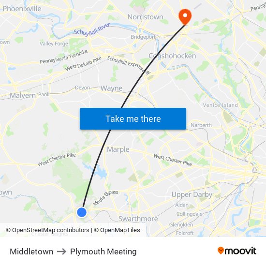 Middletown to Plymouth Meeting map