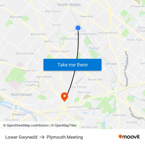 Lower Gwynedd to Plymouth Meeting map