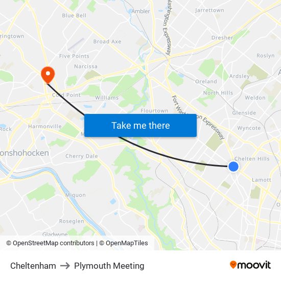 Cheltenham to Plymouth Meeting map