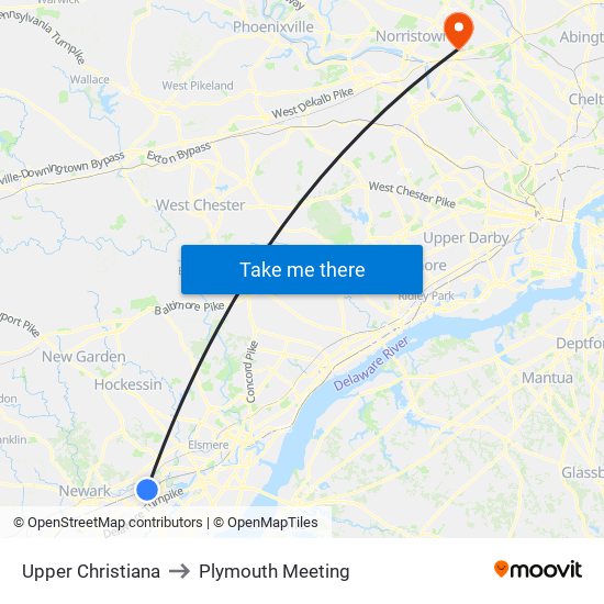 Upper Christiana to Plymouth Meeting map