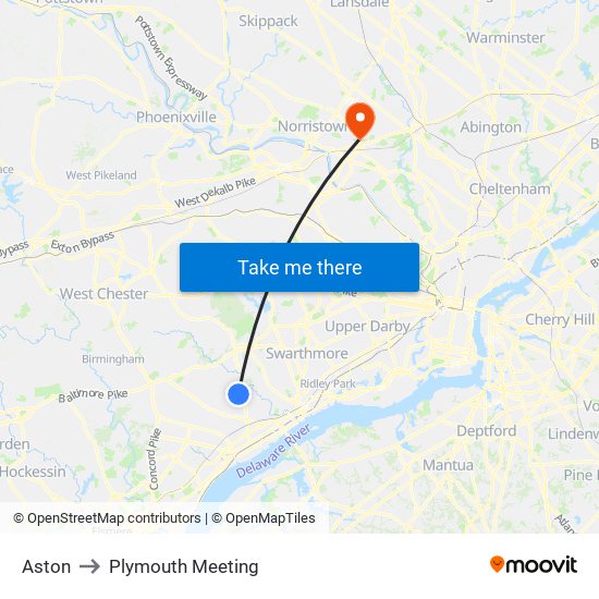 Aston to Plymouth Meeting map