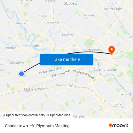 Charlestown to Plymouth Meeting map