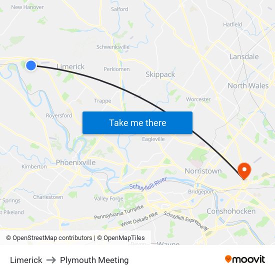 Limerick to Plymouth Meeting map