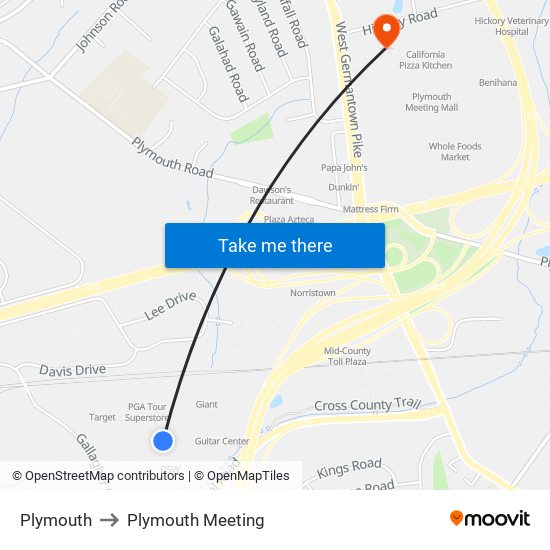 Plymouth to Plymouth Meeting map