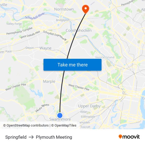 Springfield to Plymouth Meeting map