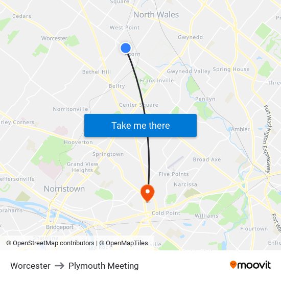 Worcester to Plymouth Meeting map