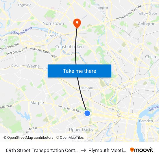 69th Street Transportation Center to Plymouth Meeting map