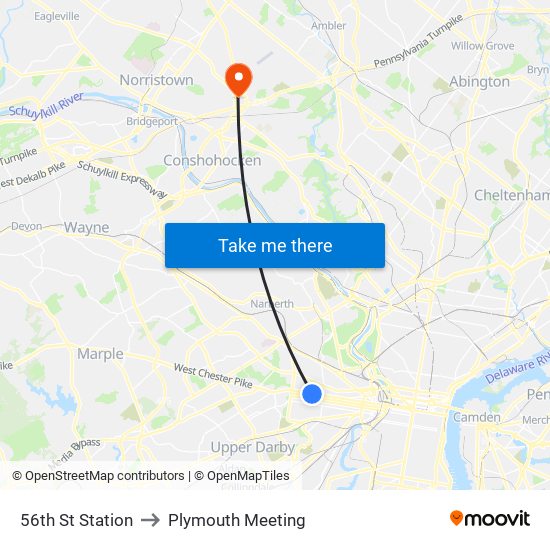 56th St Station to Plymouth Meeting map