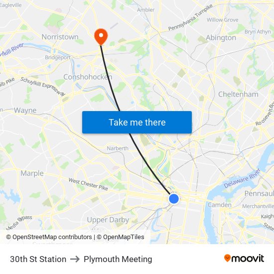 30th St Station to Plymouth Meeting map
