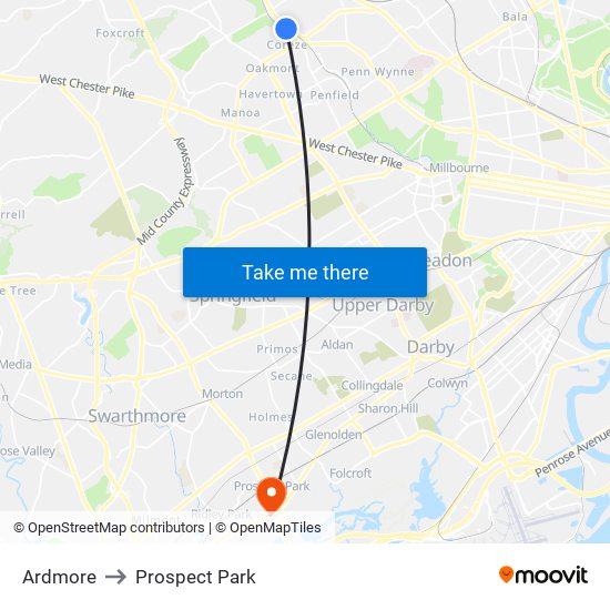 Ardmore to Prospect Park map