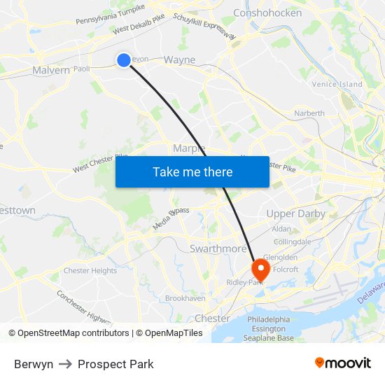 Berwyn to Prospect Park map