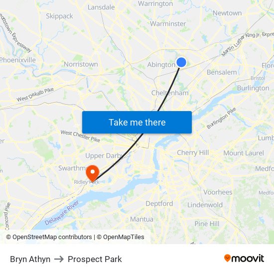 Bryn Athyn to Prospect Park map