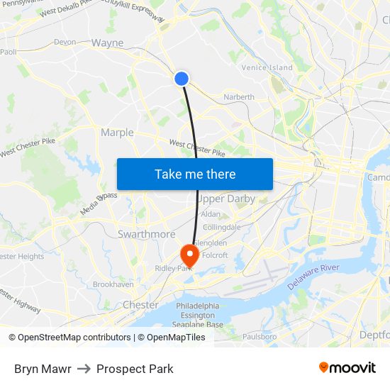 Bryn Mawr to Prospect Park map