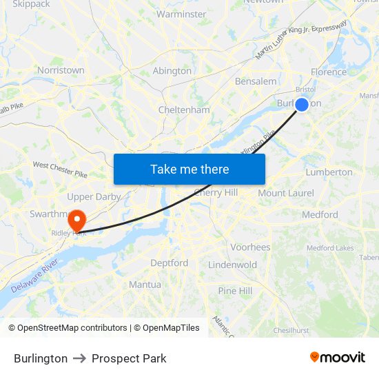 Burlington to Prospect Park map