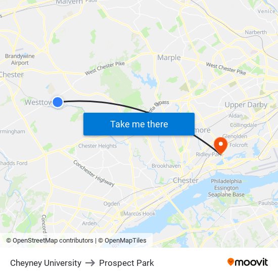 Cheyney University to Prospect Park map