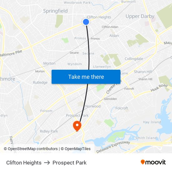 Clifton Heights to Prospect Park map