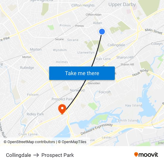 Collingdale to Prospect Park map