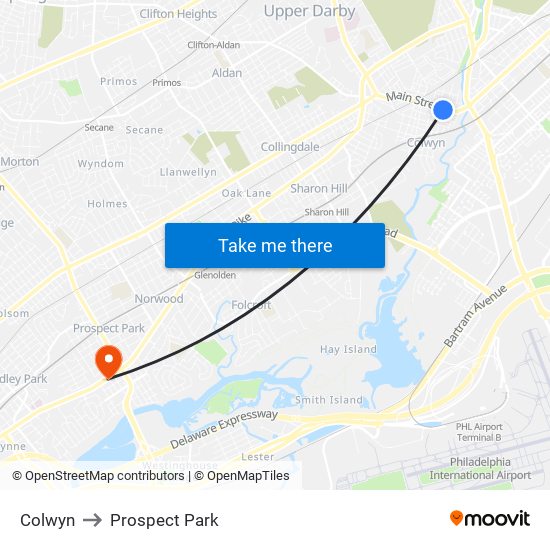 Colwyn to Prospect Park map