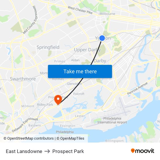 East Lansdowne to Prospect Park map