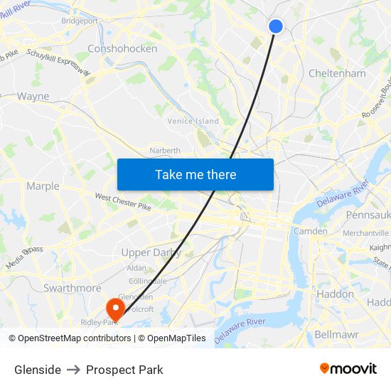 Glenside to Prospect Park map