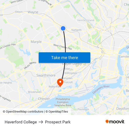 Haverford College to Prospect Park map