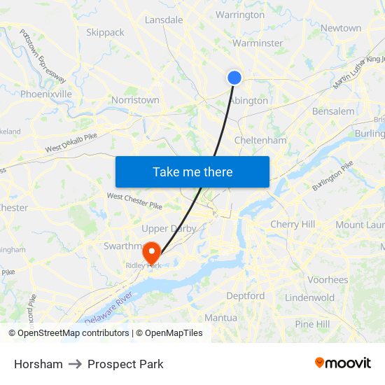 Horsham to Prospect Park map