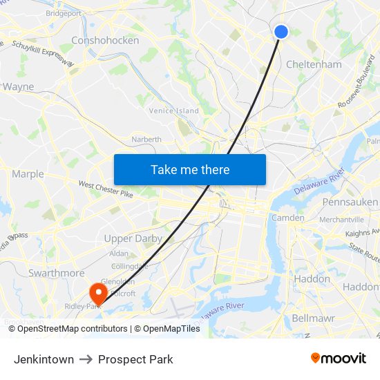 Jenkintown to Prospect Park map