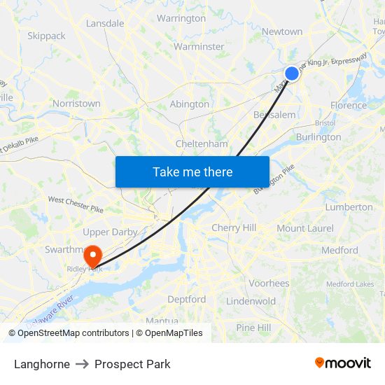 Langhorne to Prospect Park map