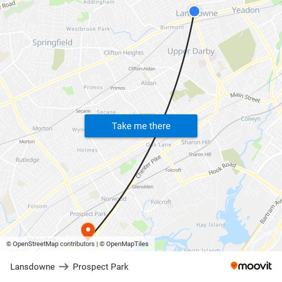 Lansdowne to Prospect Park map