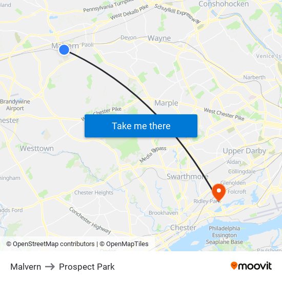 Malvern to Prospect Park map