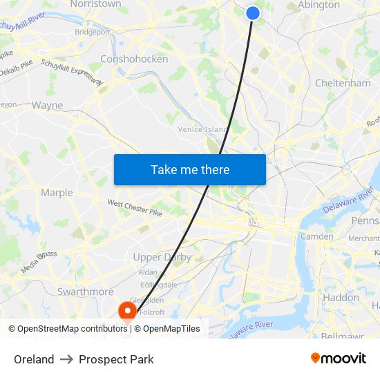 Oreland to Prospect Park map