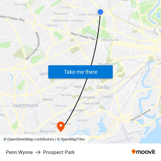Penn Wynne to Prospect Park map