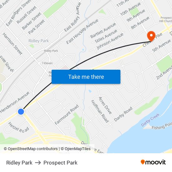 Ridley Park to Prospect Park map