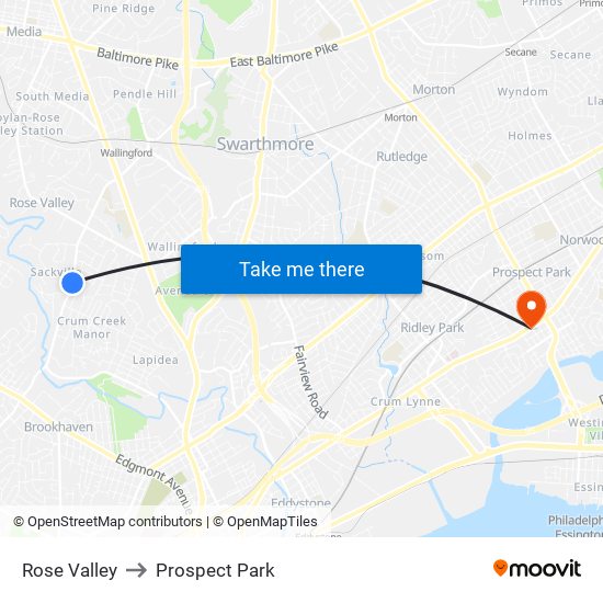 Rose Valley to Prospect Park map