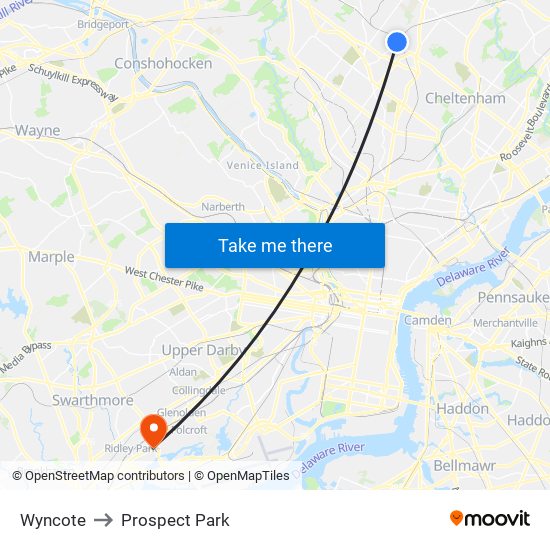 Wyncote to Prospect Park map