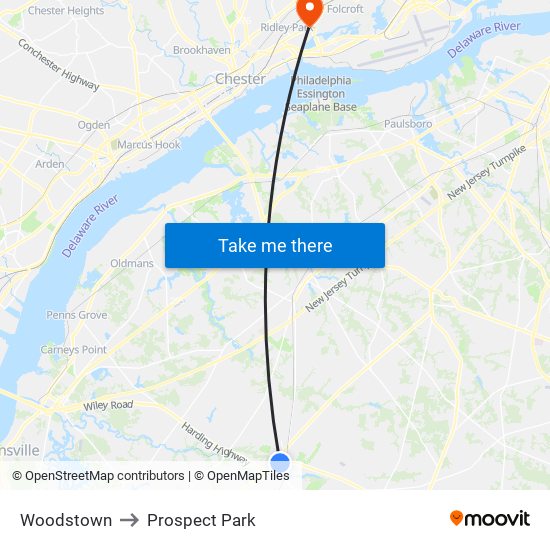 Woodstown to Prospect Park map