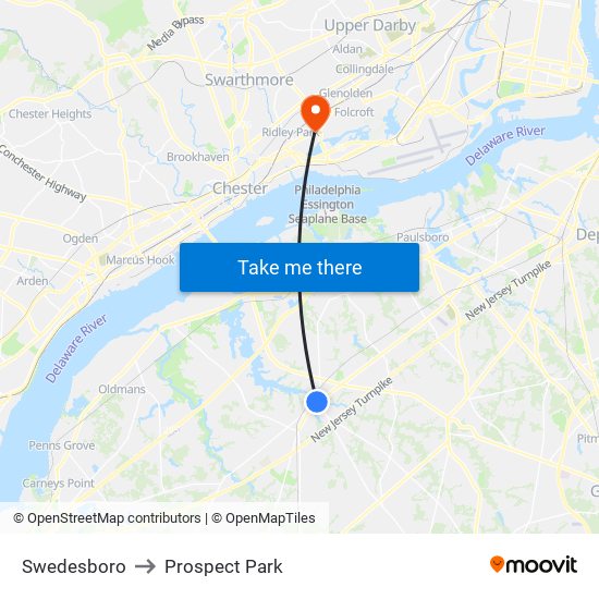 Swedesboro to Prospect Park map