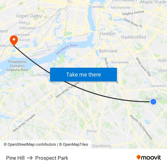 Pine Hill to Prospect Park map