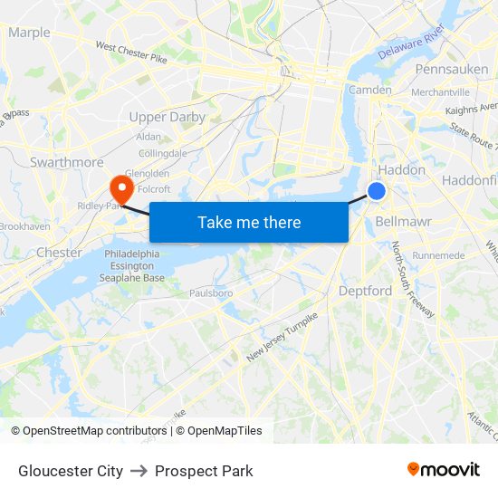 Gloucester City to Prospect Park map