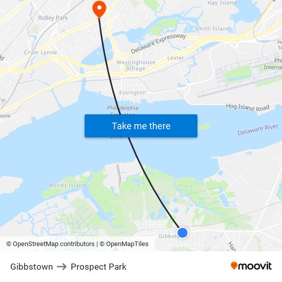 Gibbstown to Prospect Park map
