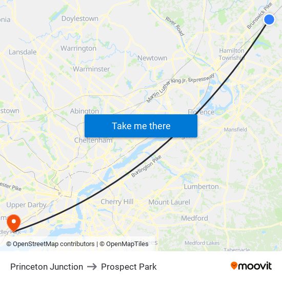 Princeton Junction to Prospect Park map