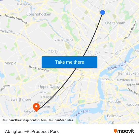 Abington to Prospect Park map