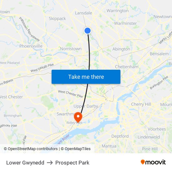 Lower Gwynedd to Prospect Park map
